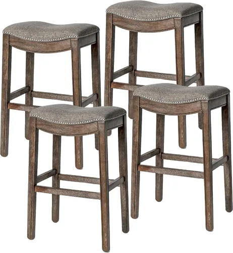 Vista 38 de Maven Lane Adrien Taburete de bar sin espalda, juego de 2, asiento de silla de montar de 31 pulgadas con reposapiés, marco de madera maciza marrón