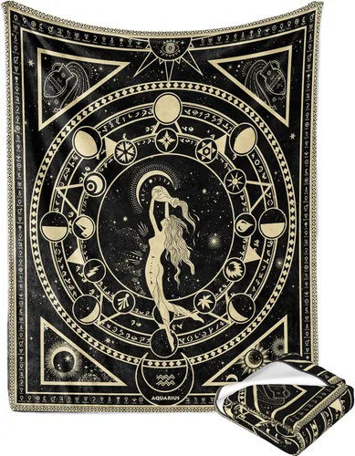 Vista 2 de Manta del Zodiaco Acuario, Regalos del Zodiaco Acuario para Mujeres Constelación Lunar Astrología Decoración Gótica Bruja Manta Suave 60"X50