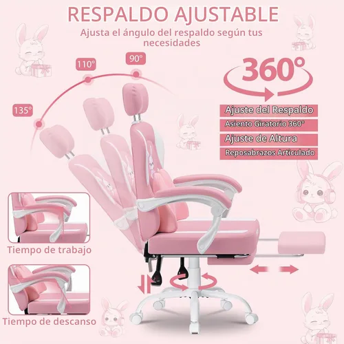 Vista 7 de Silla de juegos rosa para niñas y niños, sillas de computadora de masaje con lindo conejito Cute Silla Gamer 135° Reclining Game Cahir with