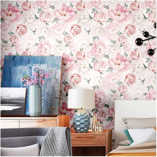 Vista 3 de Blooming Wall PS040 - Papel tapiz autoadhesivo para despegar y pegar, con peonía fresca, color blanco y rosa Rosado/Blanco