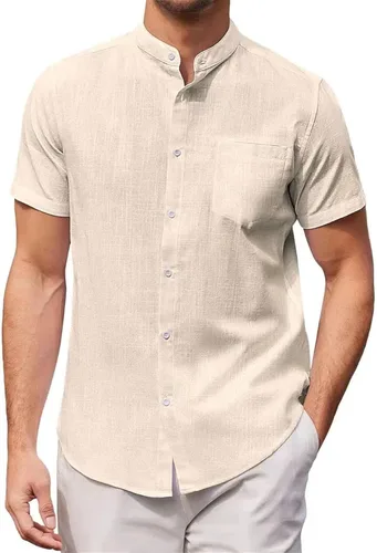 Vista 7 de Camisas de lino de algodón con cuello de banda, camisas casuales de manga corta con botones, ajuste delgado, para verano, playa, con bolsillo