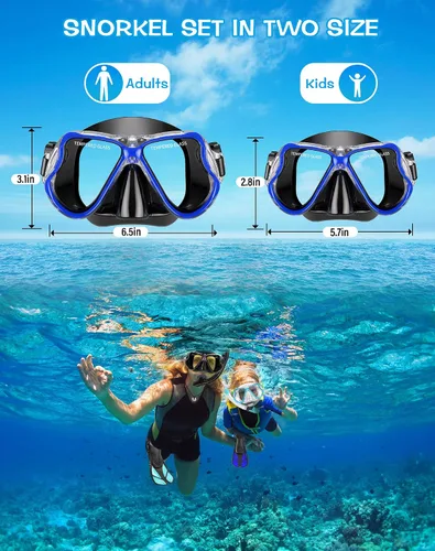 Vista 5 de Greatever Juego de esnórquel para adultos, azul, máscara, aletas, tubo, esnórquel seco, regalo ideal, máscara de buceo ajustable y aletas