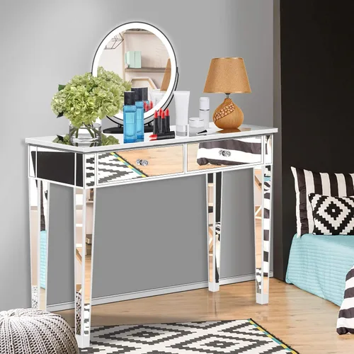 Vista 7 de SSLine Mesa de tocador de maquillaje con espejo, mesa auxiliar moderna para sofá, mesa auxiliar con espejo, mesa de tocador con 2 cajones, mesa