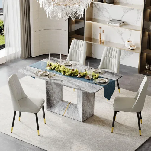 Vista 16 de Juego de mesa de comedor para 4, juego de mesa de comedor de 5 piezas con sillas, mesa moderna de mármol sintético de 63 pulgadas con 4 sillas