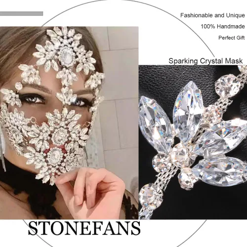 Vista 4 de STONEFANS Máscara de mascarada de diamantes de imitación, joyería de cara completa para mujer, máscara de Mardi Gras, cadena de cristal para la cara