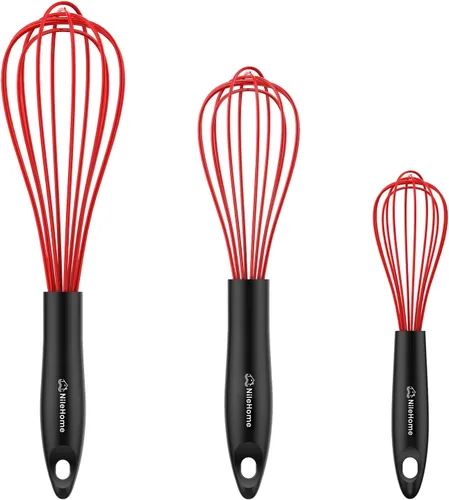 Vista 12 de NileHome Batidor de silicona de 10 pulgadas, batidor de cocina Wisk Wire para cocinar, batir, mezclar, batir, agitar, color negro