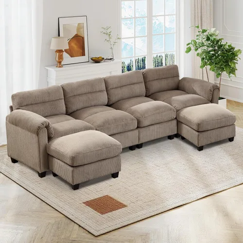 Vista 47 de HAOMARKETS Sofá esquinero modular en forma de L de 115 pulgadas con 2 otomanas móviles, sofás de pana de 8 plazas con cojín grueso para sala de Beige