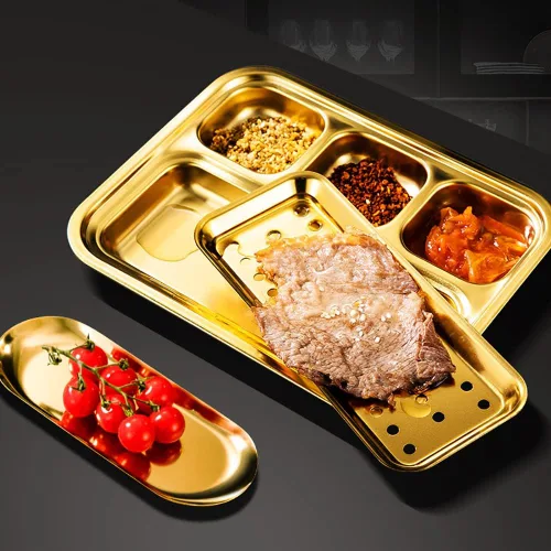 Vista 2 de Plato dividido de acero inoxidable, platos pequeños para salsas, ensaladas, pigmentos, aperitivos, bandeja de aceite de drenaje desmontable, 4