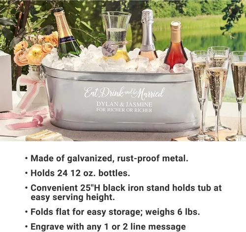 Vista 5 de Let's Make Memories Bañera de bebidas personalizada con soporte, para bodas, recién casados, tina de metal galvanizado, enfriador de bebidas, 5.5