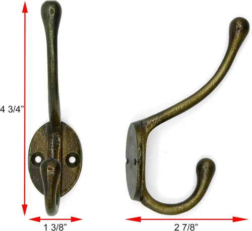 Vista 4 de Ganchos de pared vintage de hierro fundido (acabado de latón antiguo, juego de 4) – Ganchos rústicos para abrigos de granja Abrigos, bolsos