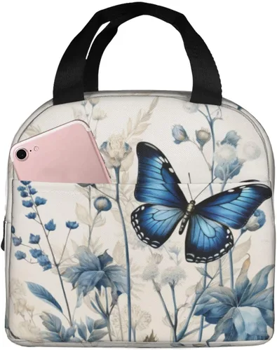 Vista 49 de Lonchera con diseño a cuadros azules aislada, bolsa térmica para almuerzo para adultos, niños, niñas, mujeres, oficina, trabajo, escuela, picnic