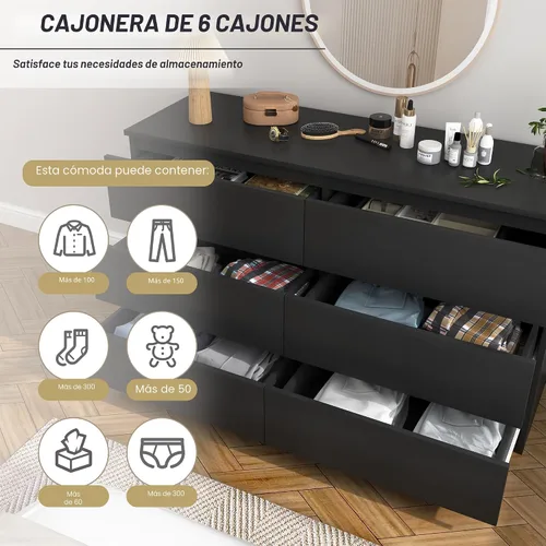 Vista 3 de Cómoda negra para dormitorio, cómoda moderna de 6 cajones con cajón profundo, amplia cómoda de almacenamiento, organizador de muebles