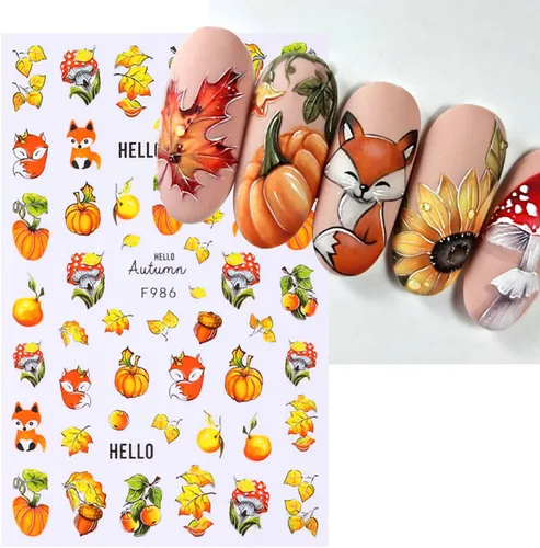 Vista 4 de 6 hojas de calcomanías de arte de uñas de otoño, Acción de Gracias, otoño, hoja de arce 3D, diseños de calabaza, ardilla, nuez, transferencia