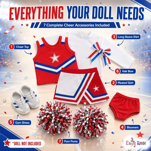 Vista 2 de Emily Rose Traje de animadora de muñeca de 18 pulgadas, sin muñeca, juego completo de uniforme de animadora de 7 piezas con pompones, zapatos, lazo