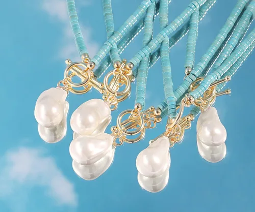 Vista 7 de Chunky 18K Gold Round Rolo Link Chain Lariat Y Necklace Big Simulated Baroque Pearl Pendant Necklace for Women Adjustable Simulated Turquoise Choker