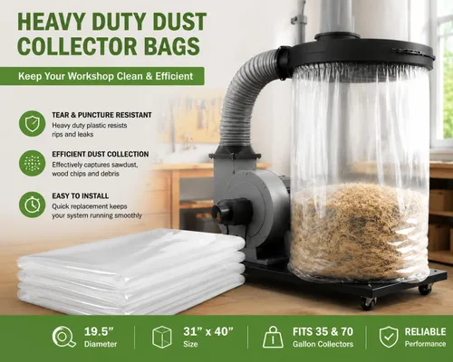 Vista 5 de Bolsas de repuesto para colector de polvo de 19.5 pulgadas de diámetro (31 pulgadas de ancho x 40 pulgadas de largo), bolsas de plástico resistentes