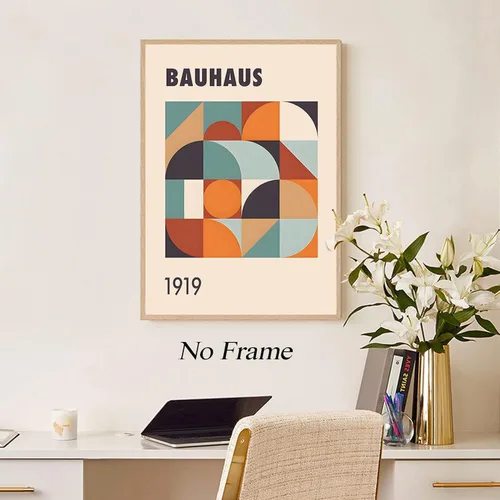 Vista 4 de Bauhaus - Arte de pared moderno de mediados de siglo, póster geométrico de Bauhaus, bloque de color azul y naranja, impresiones artísticas