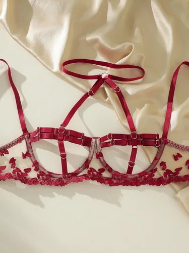 Vista 3 de WDIRARA Conjunto de lencería de malla con bordado de corazón para mujer con gargantilla y anillos para las piernas