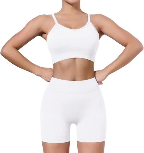 Vista 2 de HORISUN Women Workout Sets 2 Piece Yoga Outfits Seamless Ribbed Sports Bra Crop Tank Top High Waist Biker Shorts Exercise Set