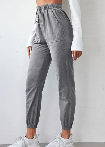 Vista 5 de Nihsatin Pantalones de lino para mujer, cintura elástica alta, con nudo frontal, pantalones cónicos con bolsillos