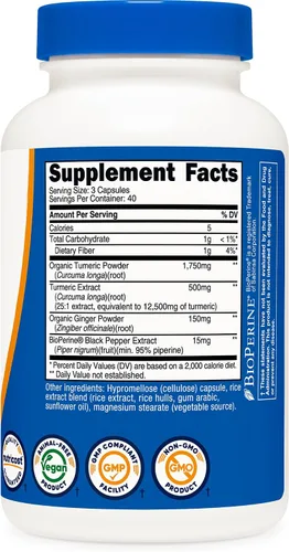 Vista 5 de Nutricost Cápsulas de Cúrcuma + Jengibre con Bioperine, 2400mg Por Porción, 120 Cápsulas - Sin OMG, Sin Gluten, 40 Porciones