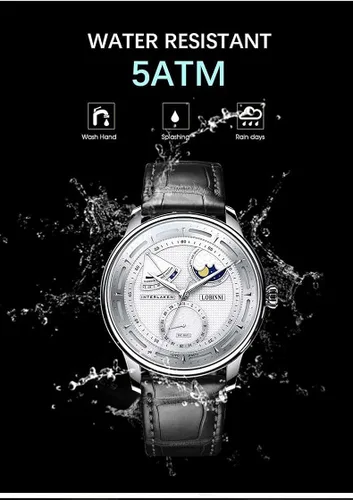 Vista 4 de LOBINNI Reloj automático mecánico de fase lunar para hombre, impermeable, vestido de pulsera de lujo de moda para hombre