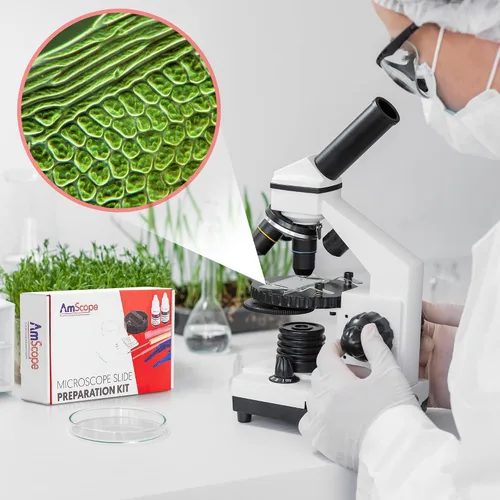Vista 7 de Kit de preparación de portaobjetos de microscopio AmScope - Incluye diapositivas de microscopio en blanco, polvos de colorante rojo eosina y azul