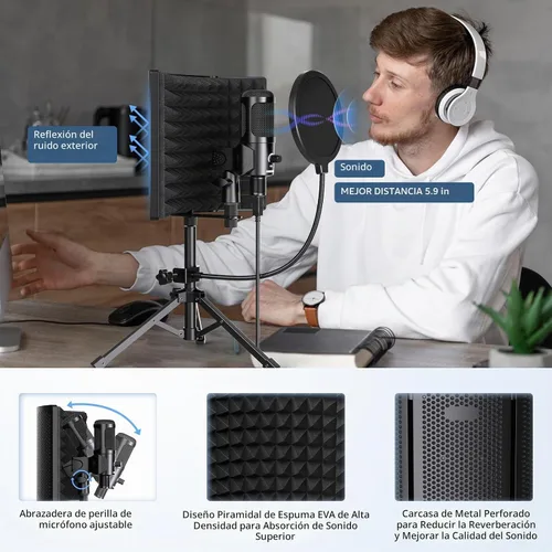 Vista 2 de Protector de aislamiento de micrófono de grabación de estudio con filtro pop y kit de tres soportes, grabación de música, micrófonos de condensador