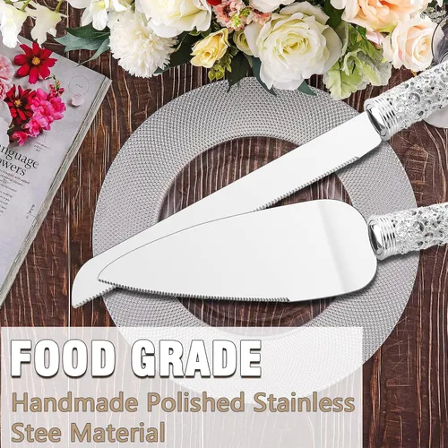 Vista 5 de Juego de cuchillo y servidor de plata para boda, juego de 2 piezas de postre con mango de metal con piedras de cristal para decoración de bodas