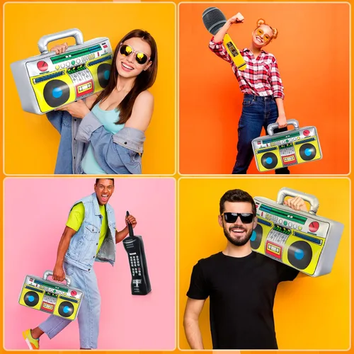 Vista 7 de Teléfono inflable, micrófono Boombox de radio inflable, decoraciones de fiesta de los años 80 y 90, decoraciones de fiesta temática de música hip