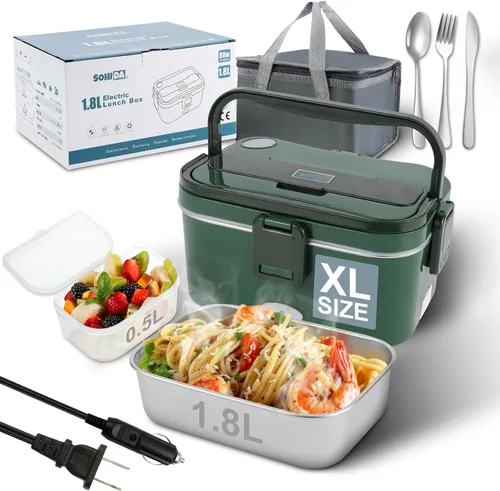 Vista 12 de SOHIDA Fiambrera eléctrica, calentador de alimentos portátil de 12 V/24 V/110 V con tenedor SS y cuchara para coche/camión/oficina, lonchera Negro