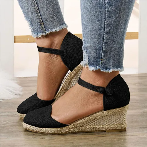 Vista 2 de Womenyiaor Sandalias para mujer de verano elegantes, sandalias de cuña con correa al tobillo y punta cerrada de alpargata para mujer, sandalias