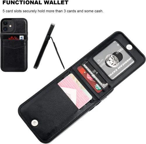 Vista 4 de KIHUWEY - Funda tipo cartera para iPhone 12 Mini, soporte para tarjetas, color negro Ranuras para tarjetas de crédito, piel sintética, cierre