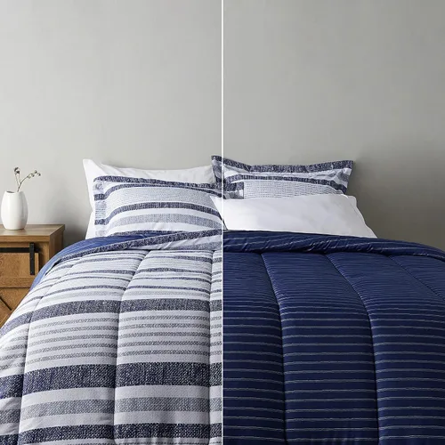 Vista 6 de Amazon Basics - Juegos de edredón tamaño Twin/Twin XL, ropa de cama reversible de microfibra ultra suave y ligera de 2 piezas, azul denim/rayas
