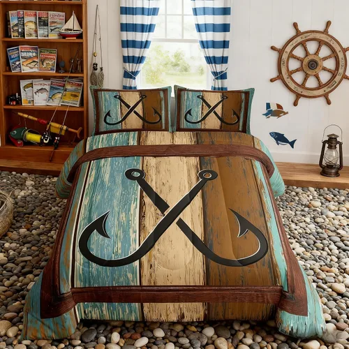 Vista 50 de Juego de edredón Lake Home Camper tamaño King, juego de ropa de cama náutica con ancla para niños, niñas, niños, adultos, decoración de dormitorio