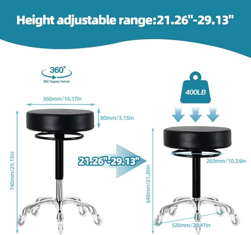 Vista 2 de Silla redonda giratoria con ruedas, acolchado grueso y resistente, taburete ajustable con ruedas para médico (negro)