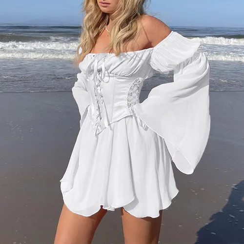 Vista 2 de pbnbp Vestido renacentista con hombros descubiertos para mujer, vestido con corsés, manga acampanada, mini vestido de Halloween ajustado y acampanado