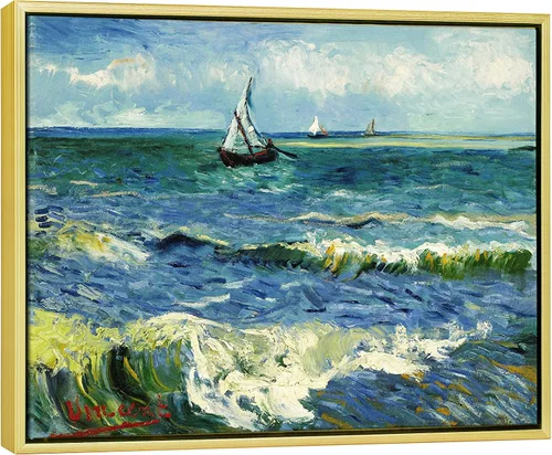 Vista 14 de Wieco Art Arte enmarcado negro paisaje marino en Saintes Maries por Vincent Van Gogh pinturas al óleo Reproducción modernas impresiones en lienzo