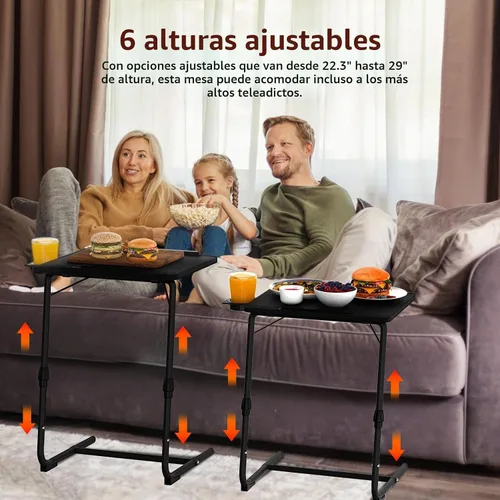 Vista 4 de Bandeja de TV ajustable para cena negra, bandejas plegables para comer en el sofá, mesas de madera, soporte mate, escritorio plegable con portavasos