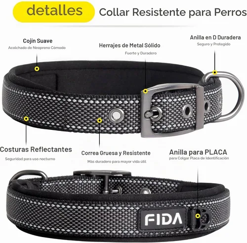 Vista 3 de Fida Collar para perro de alta resistencia, acolchado de neopreno suave ultra cómodo, collar de nailon reflectante ajustable para mascotas con Negro
