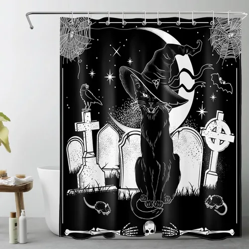Vista 19 de LB Cortina de ducha de feliz Halloween para baño, flamenco rosa y calabaza naranja con sombrero mágico, cortina de ducha de tela con ganchos, juego
