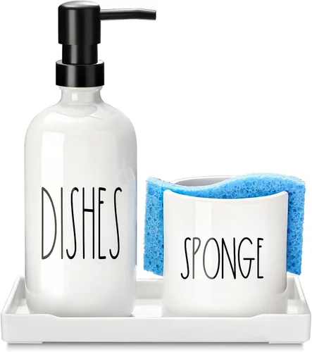 Vista 8 de Dispensador de jabón para platos para cocina, dispensador de jabón de platos de vidrio con soporte para esponja, juego de dispensador negro