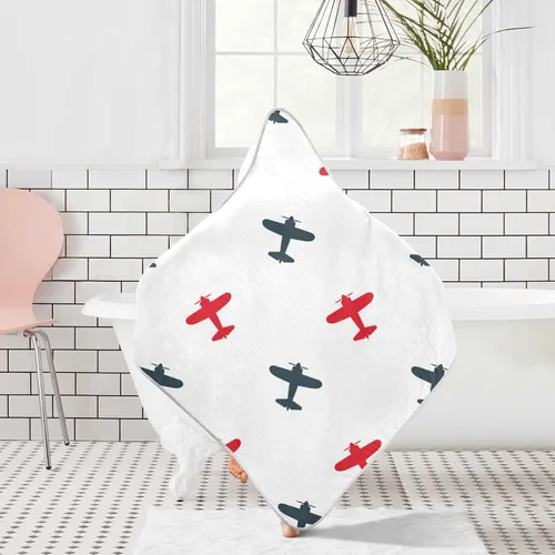 Vista 7 de Kigai Toalla de baño de dibujos animados con diseño de avión de aviones, ultra suave y absorbente, toalla de baño con capucha para bebé recién