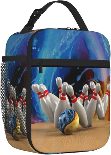 Vista 2 de Bolsa de almuerzo reutilizable con bola de boliche de hielo y fuego, lonchera para niños y niñas, lonchera aislada para niños, lonchera Bento fácil