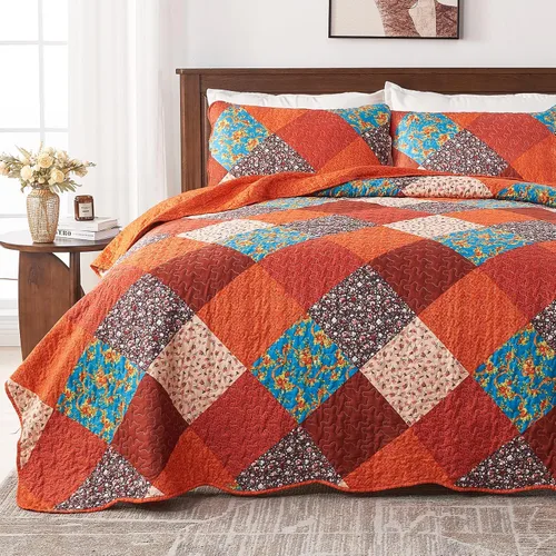 Vista 8 de Qucover Juego de Edredón Twin, 3 Piezas Multicolor con Estampado Floral de Patchwork Colcha Tamaño Twin, Juego de Ropa de Cama Twin de Microfibra