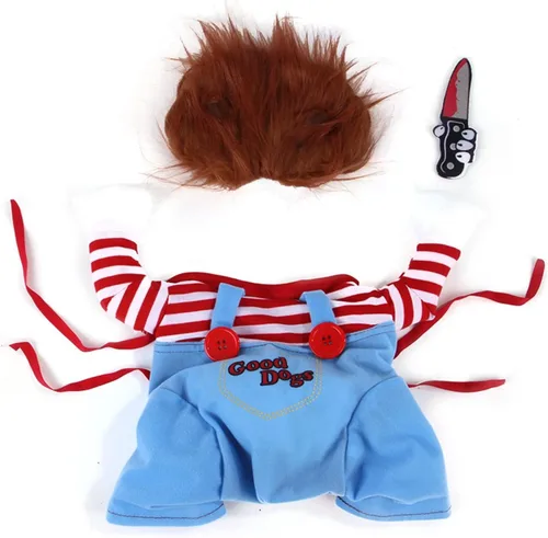 Vista 2 de Disfraz de muñeca mortal para perro, cosplay, Halloween y Navidad, disfraz de fiesta para perros pequeños, medianos y grandes (S)