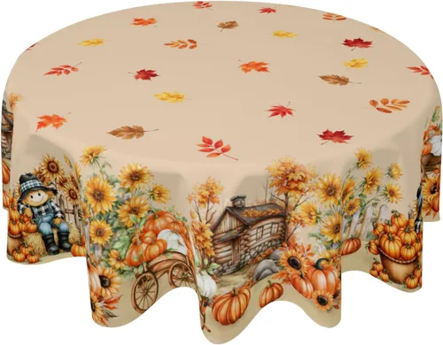 Vista 31 de Mantel redondo de otoño de 60 pulgadas, mantel redondo de otoño de Acción de Gracias, diseño de calabaza, búfalo, mantel rústico para vacaciones