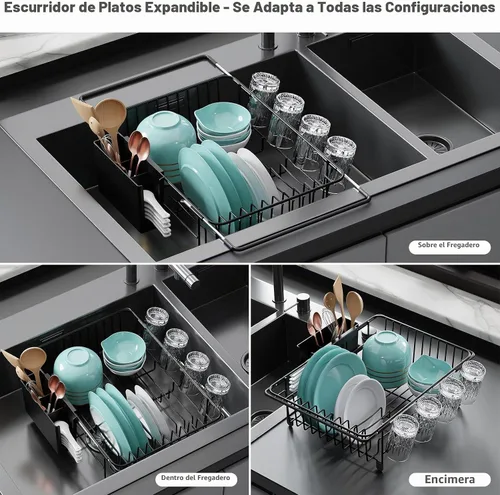 Vista 3 de Dish Drying Rack in Sink: Expandable, 3-Slot Utensil Holder, Anti-Slip Handle. Small Dish Rack: Ideal for Small Households. Kitchen Drying Rack Black