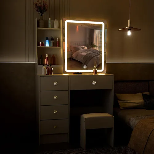 Vista 7 de Escritorio blanco cálido con espejo iluminado LED, mesa de tocador de maquillaje con armario izquierdo iluminado, 6 cajones y taburete, tocador