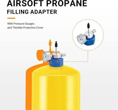 Vista 2 de Adaptador de llenado de propano Airsoft con manómetros y cubierta protectora de dedal para tanque de campamento de gas propano verde, reutilizable